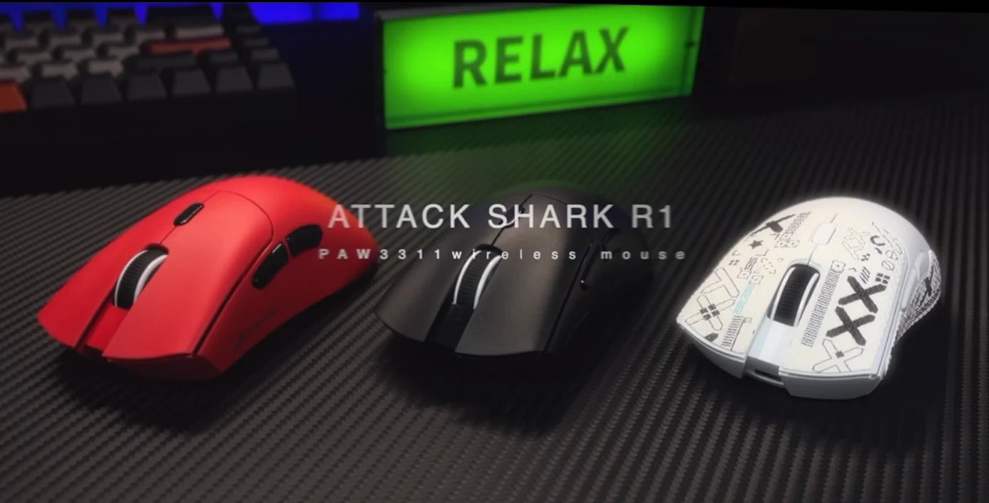 Herní myš ATTACK SHARK R1 Tri-mode, senzor PixArt PAW3311, 18000 DPI, 1000hz, ultralehká 59g pro velkou ruku, pro PC/Mac