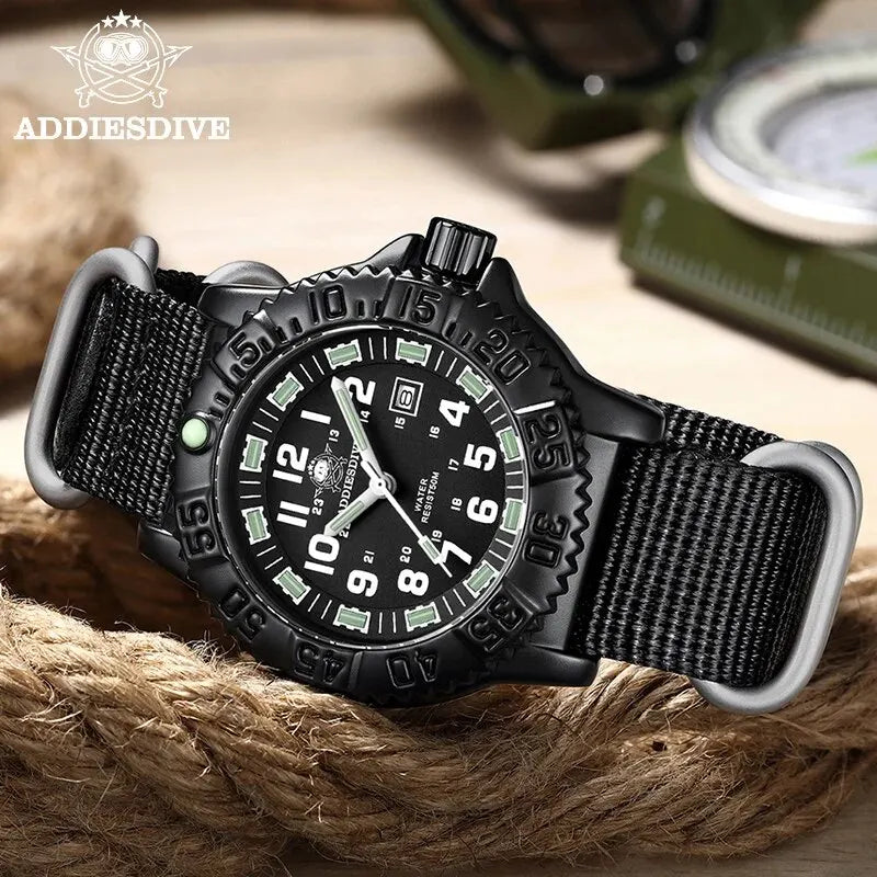 ADDIESDIVE Men’s Luxury Military Sport Quartz Watch  Luminous Dial, Rotating Bezel, Nylon Strap & 50M Water Resistant