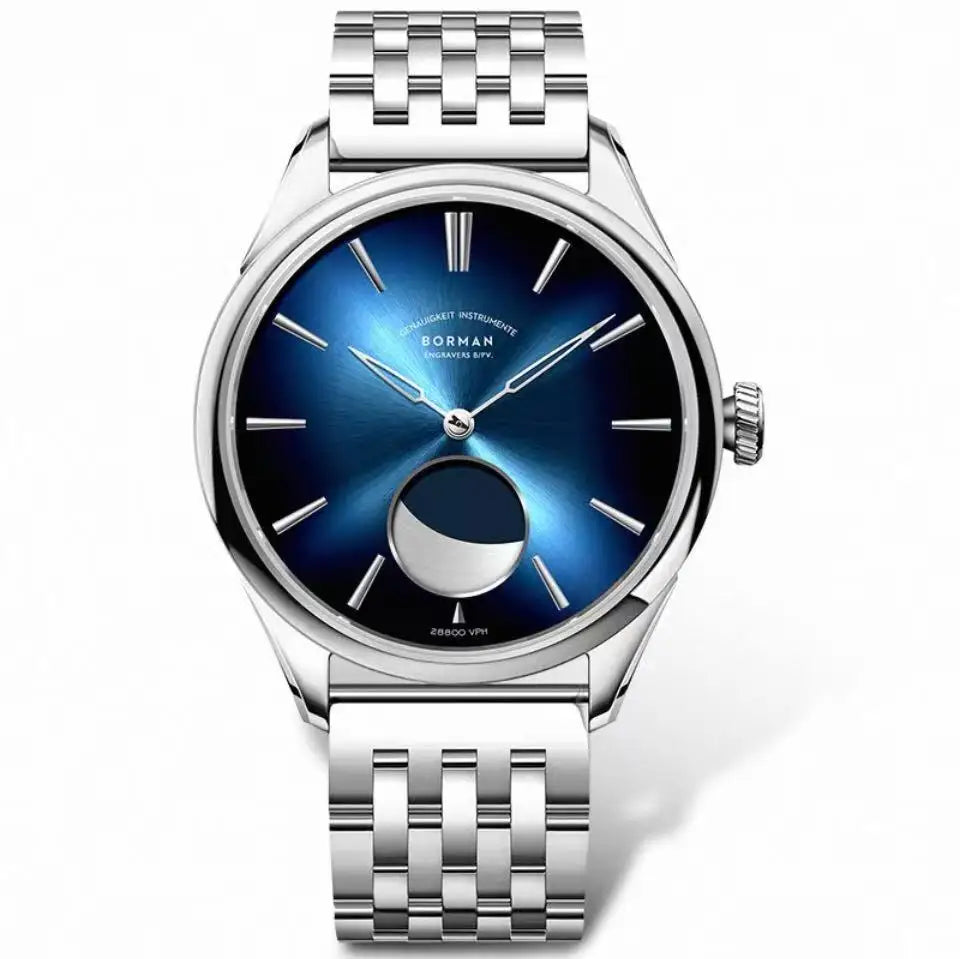 Montre automatique pour homme Borman – Montre mécanique de luxe avec phase de lune, étanche jusqu'à 50 m, verre saphir et bracelet en cuir