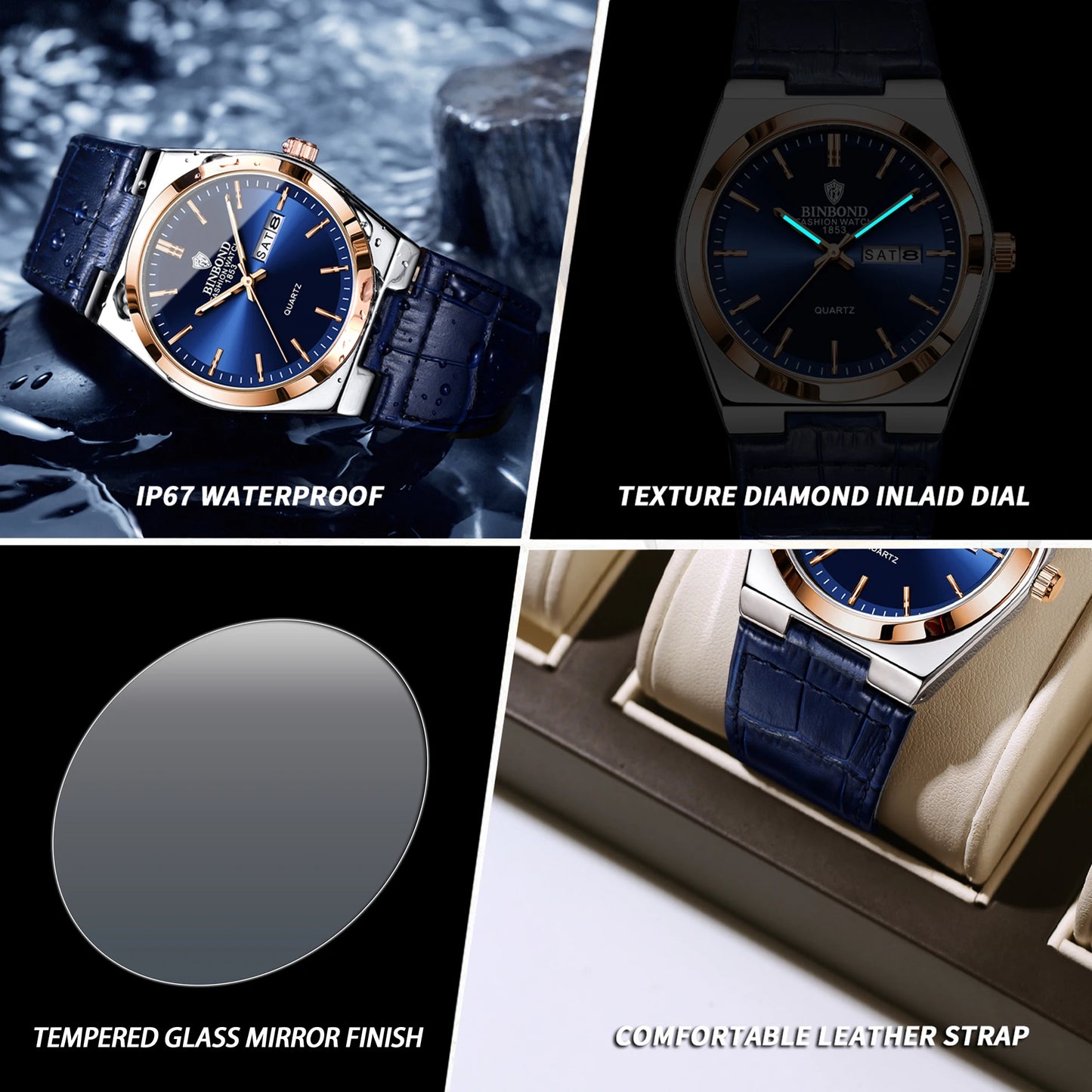 BINBOND Luxury leather strap quartz wristwatches precise luminous waterproof auto date week display durable men's watch reloj