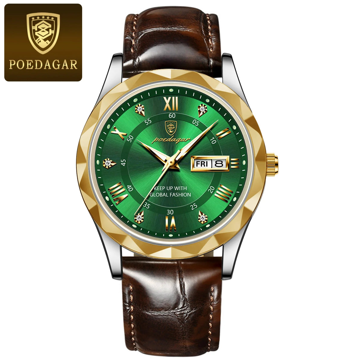 POEDAGAR men’s watch, original luxury model: water-resistant, luminescent, with date and day display. A classic, professional-style quartz watch, featuring a leather strap.