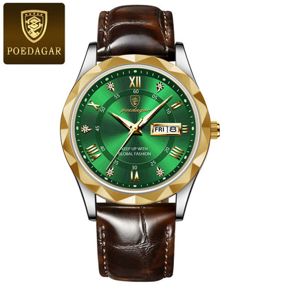 POEDAGAR men’s watch, original luxury model: water-resistant, luminescent, with date and day display. A classic, professional-style quartz watch, featuring a leather strap.