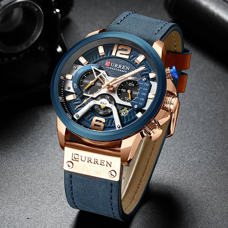 Montre pour homme CURREN 8329 – Style sport décontracté, design militaire, bracelet en cuir, chronographe tendance, montre de luxe de grande marque