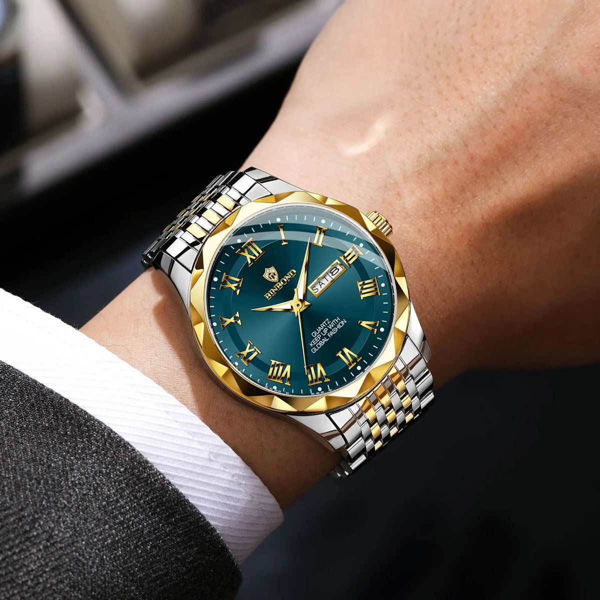 Montre-bracelet de luxe à quartz BINBOND Original Brand pour homme, lumineuse, étanche, date automatique, affichage du jour de la semaine, style décontracté.