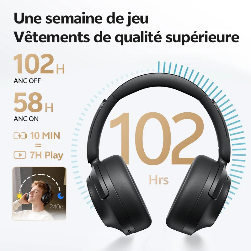 Casque sans fil Bluetooth 6.0 QCY BH25H3SA avec audio spatial 3D, réduction de bruit active adaptative -56 dB, haut-parleur de 53 mm, casque pliable supra-auriculaire
