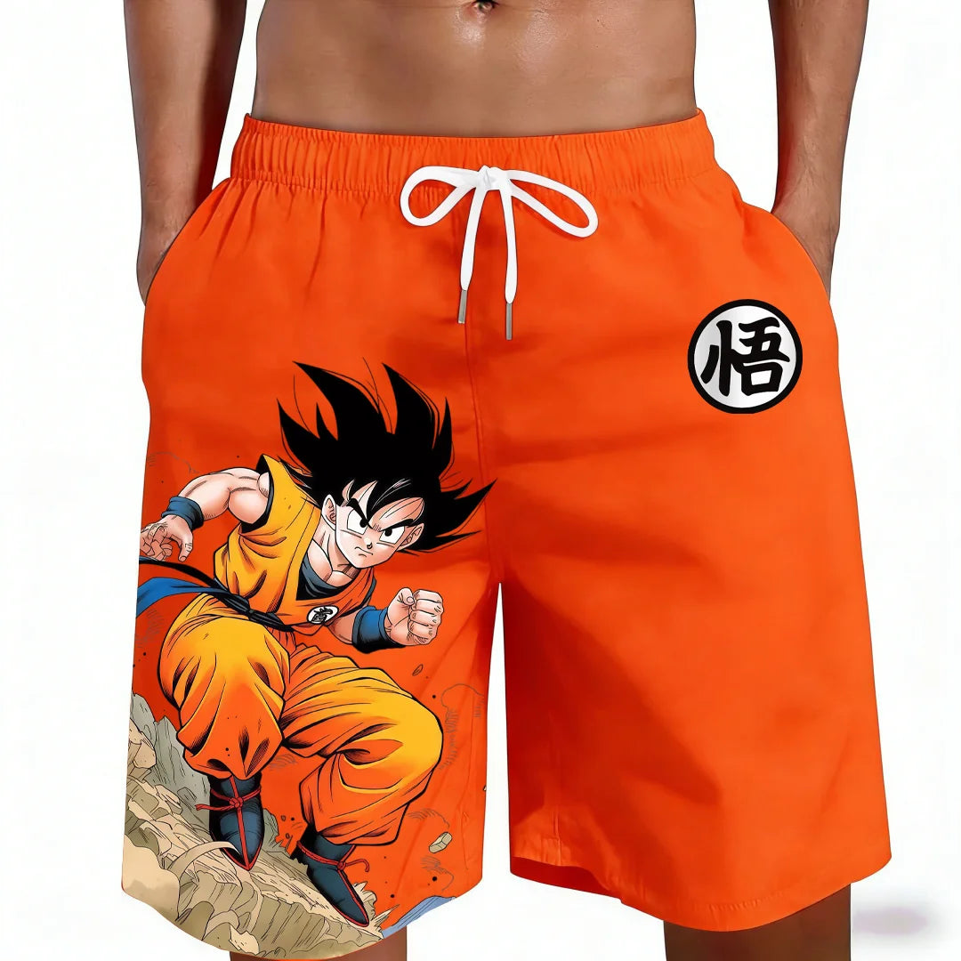 Nové šortky s potiskem anime symbolu kanji Goku z Dragon Ball – ležérní, volné, vysoce kvalitní, trendy grafika, letní, rychleschnoucí