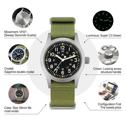 Militado ML05 38mm Vintage Watch VH31 Quartz Movement Field Watches Domed Sapphire Crystal With High Clear AR Coating Wristwatch
