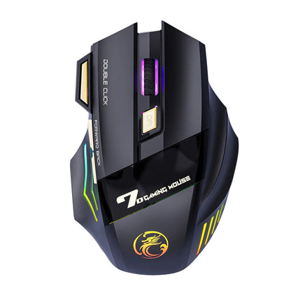 Wireless Rechargeable Optical Mouse RGB Breathing Light 7 Buttons Gaming Computer Mice Adjustable for Desktop PC