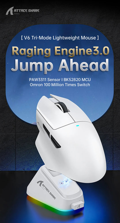 ATTACK SHARK V6  Wireless Gaming Superlight Mouse with RGB Magnetic Charging Dock,PAW3311 Sensor,Macro Gaming Mouse