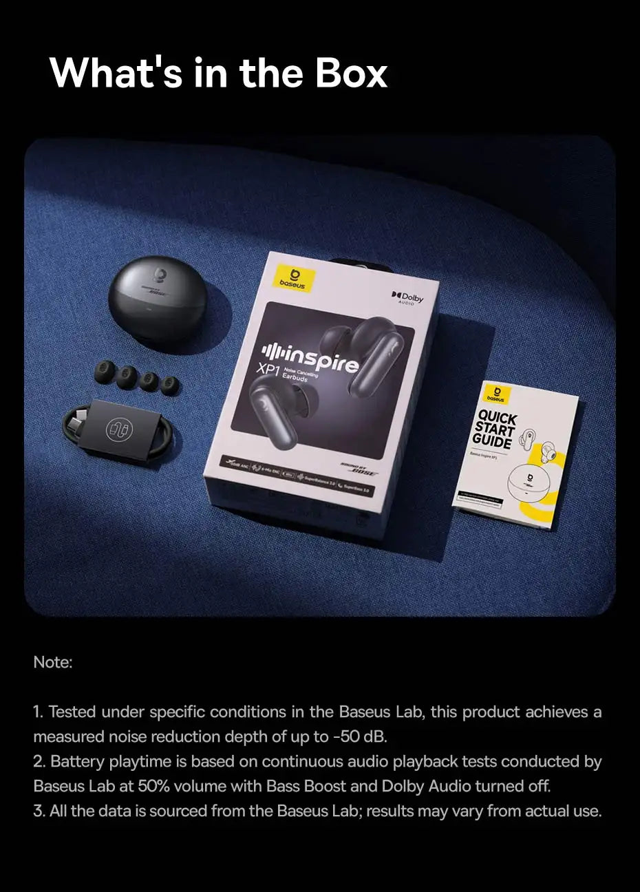 Baseus Inspire XP1 -50dB Adaptive ANC Wireless Earbuds Bluetooth 6.1 Dolby Audio 6 Mic ENC Wireless Earphones bud Sound by Bose