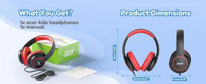 Casque filaire Acer pour enfants, idéal pour l’école, avec prise jack 3,5 mm, pliable, à porter sur les oreilles, pour les jeunes garçons et les jeunes filles, niveau sonore sécurisé de 85/94 dB.