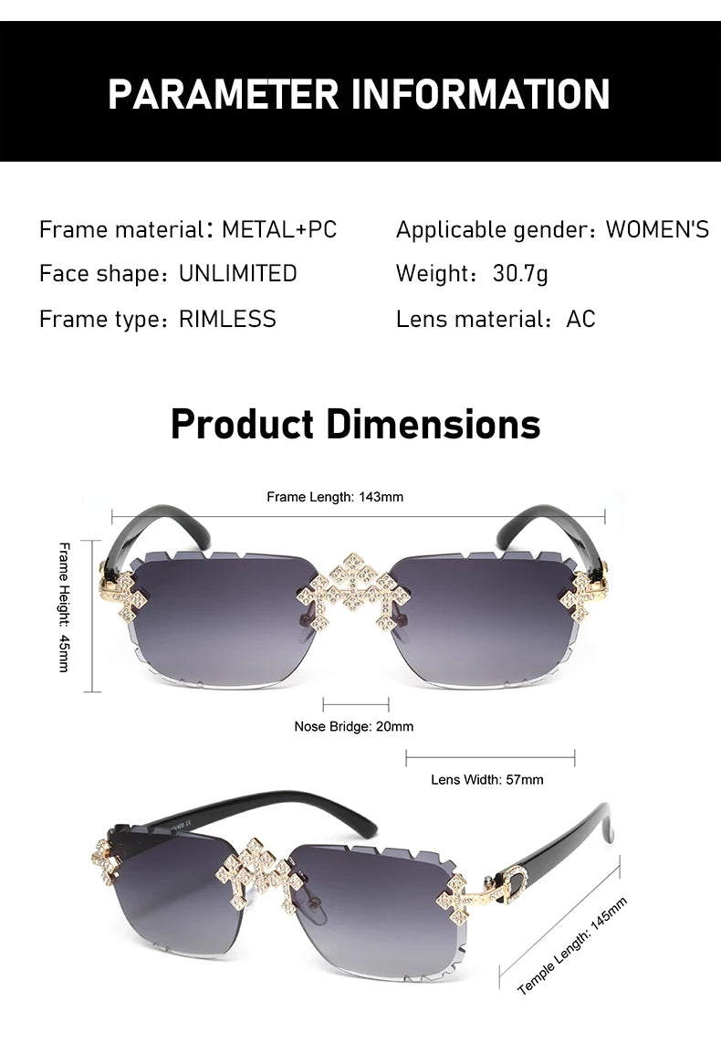 Fashion Square – kantlösa solglasögon för kvinnor med korsformad diamantmönstrad metallram, lyxiga glasögon med slipade linser, UV400-skydd, solglasögon