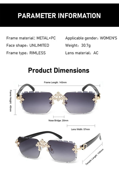 Fashion Square – kantlösa solglasögon för kvinnor med korsformad diamantmönstrad metallram, lyxiga glasögon med slipade linser, UV400-skydd, solglasögon