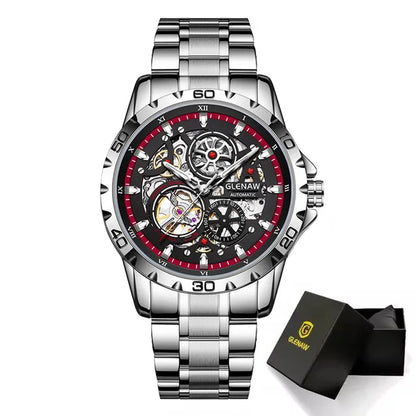 Montre-bracelet mécanique automatique pour homme GLENAW, style Steampunk avec cadran squelette, modèle de luxe, étanche, dotée d'aiguilles luminescentes et d'un bracelet en acier inoxydable.