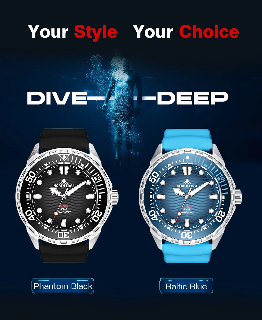 NORTH EDGE 2025 New TRITON Solar Powered Dive Watch Men Luxury Quartz Watches For Men 316L Stainless Steel Case Waterproof 300M