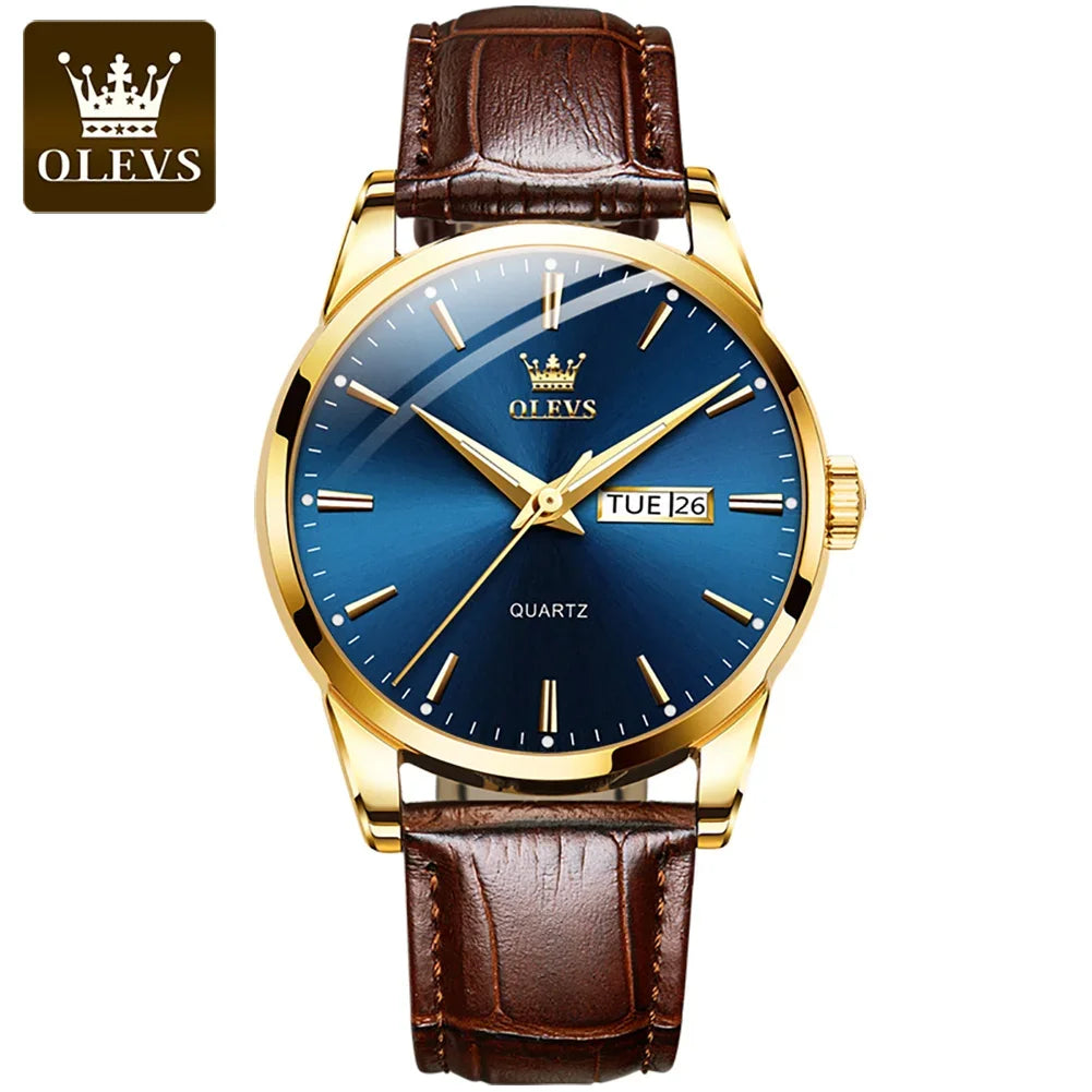 Montre à quartz OLEVS pour homme – Style luxe et élégant, bracelet en cuir, affichage de la date et du jour, étanche, idéale pour le travail