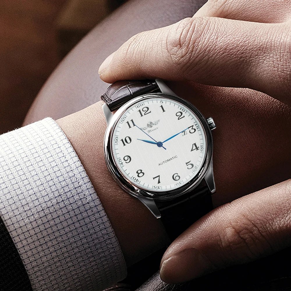 Montre pour homme WINNER – Style classique, rétro et élégant – Montre mécanique automatique avec calendrier – Marque de luxe, boîtier en acier et bracelet en cuir