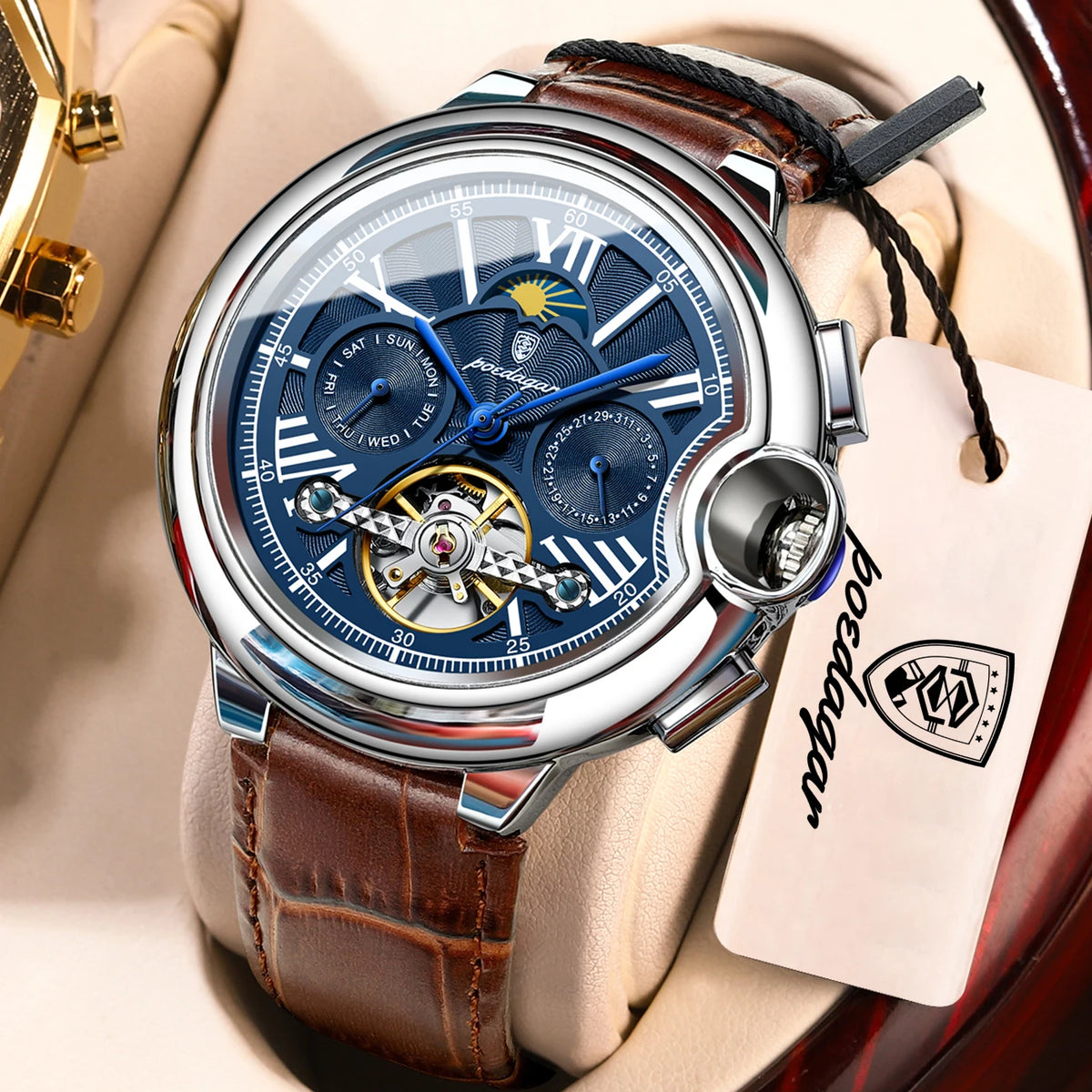 Montre de luxe pour homme POEDAGAR – Modèle automatique mécanique avec affichage de la date et du jour, bracelet en cuir, tourbillon, étanche, style élégant et professionnel.