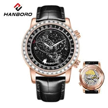 HANBORO Rose Gold Starry Sky Hollow Flywheel Moon Phase Automatic Mechanical Watch Luxury Space Theme Sports Watch 980
