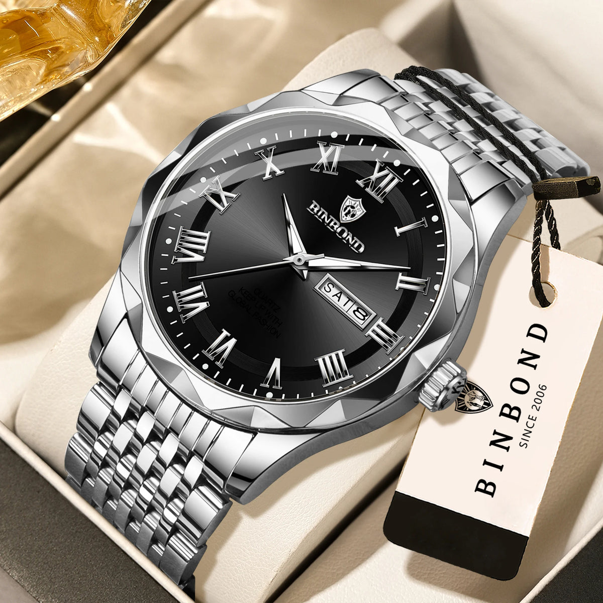 Montre-bracelet de luxe à quartz BINBOND Original Brand pour homme, lumineuse, étanche, date automatique, affichage du jour de la semaine, style décontracté.