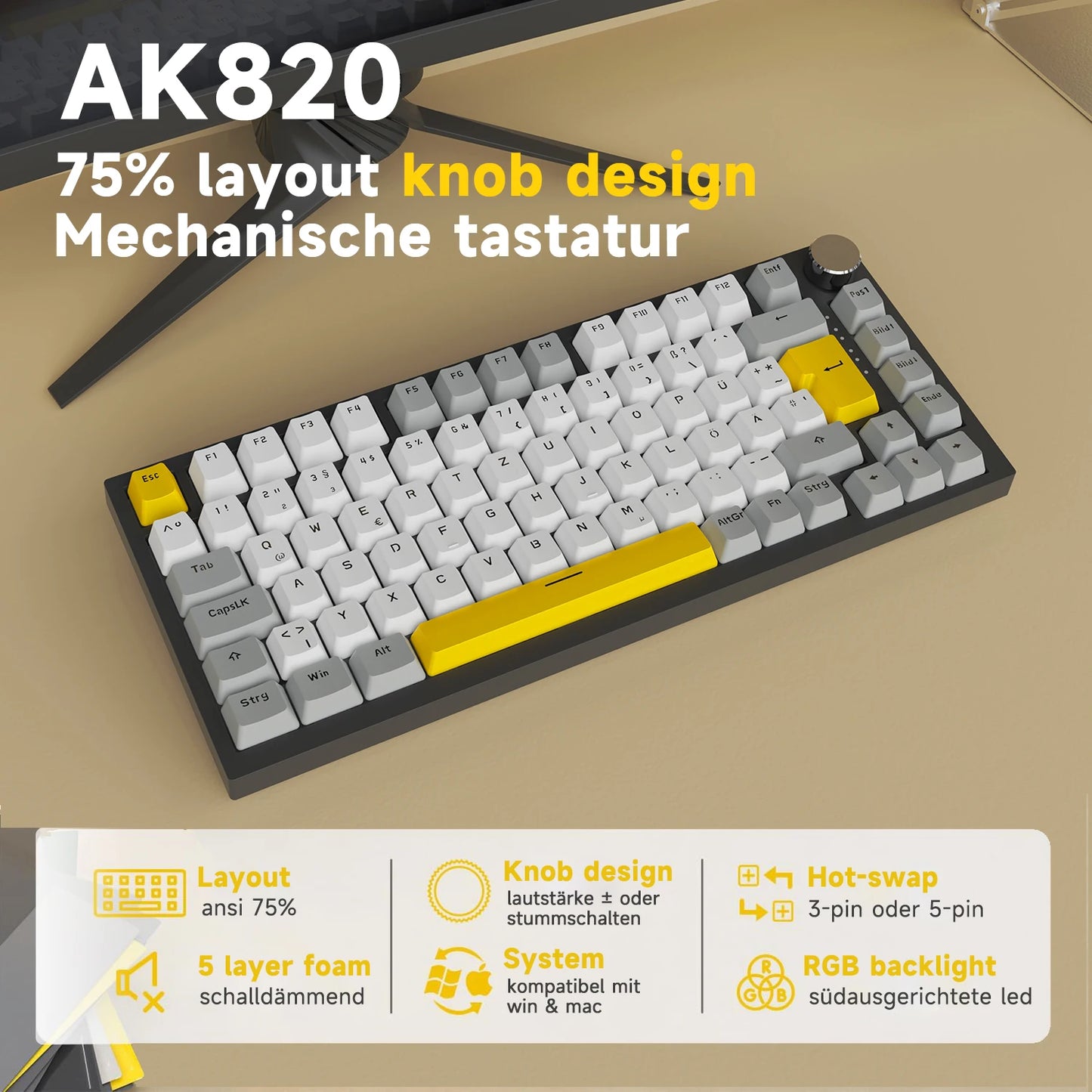 Teclado mecánico con cable AJAZZ AK820 75%: hot‑swappable, retroiluminación RGB/blanca/azul hielo, control con perilla de volumen | Para oficina y gaming