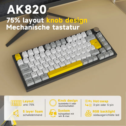 Teclado mecánico con cable AJAZZ AK820 75%: hot‑swappable, retroiluminación RGB/blanca/azul hielo, control con perilla de volumen | Para oficina y gaming