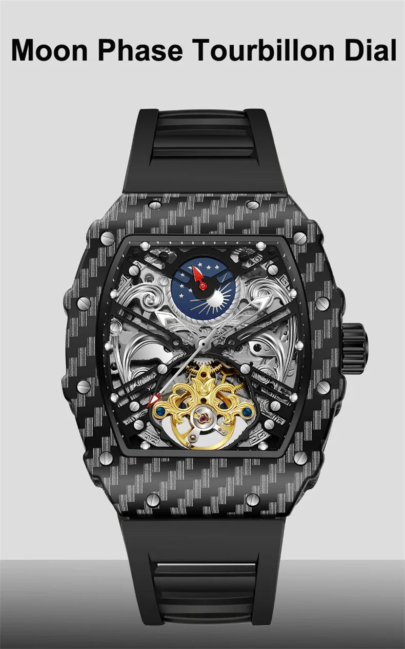 Tourbillion Mechanical Watch for Men Silicone Strap Skeleton Tonneau Automatic Mens Watches Top Brand Luxury Reloj Hombre