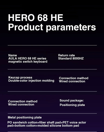 AULA HERO 68 HE E-sports Gaming Wired Keyboard Magnetic Switch RGB Hot Swap 8K Hz Return Rate 60% Customize Mechanical Keyboard