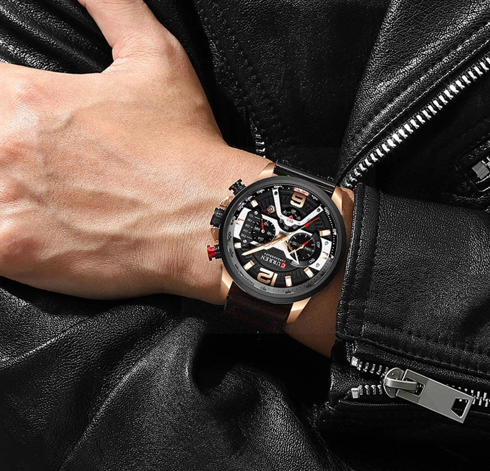 Montre pour homme CURREN 8329 – Style sport décontracté, design militaire, bracelet en cuir, chronographe tendance, montre de luxe de grande marque