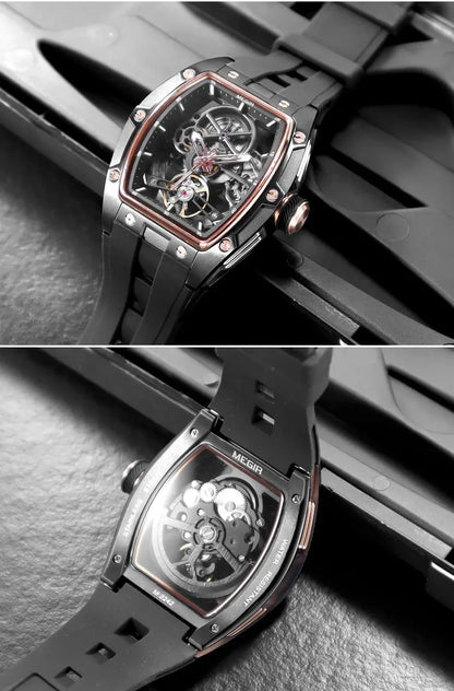 Orologio da polso automatico MEGIR da uomo, fashion, cinturino in silicone nero, impermeabile, luminoso, sportivo, meccanico, con quadrante tonneau 2242