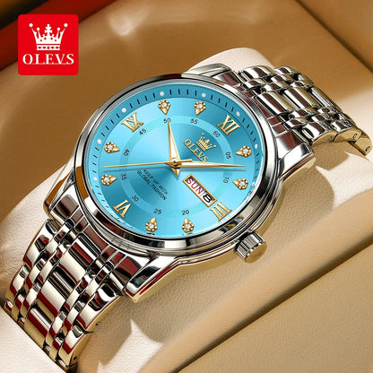 Montre à quartz pour homme OLEVS 5513 – Bracelet en acier, étanche, affichage lumineux, calendrier et jour de la semaine – Montre élégante et luxueuse, modèle original pour homme