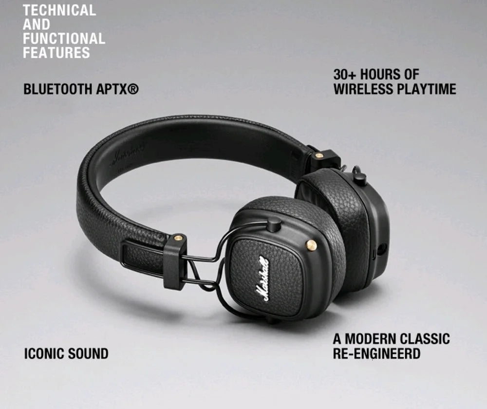 Marshall Major III Wireless Bluetooth Headphones – Deep Bass, Noise Cancelling, Foldable Over-Ear Headset with Microphone