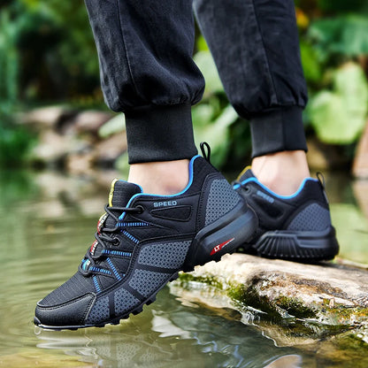 Męskie buty trekkingowe — terenowe buty sportowe outdoor, oddychająca siateczka, antypoślizgowe i odporne na zużycie, do wędrówek i jazdy na rowerze na zewnątrz
