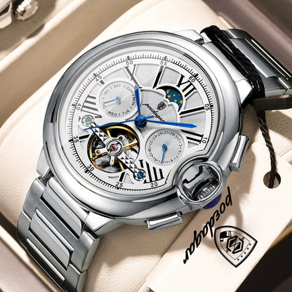 Montre de luxe pour homme POEDAGAR – Modèle automatique mécanique avec affichage de la date et du jour, bracelet en cuir, tourbillon, étanche, style élégant et professionnel.