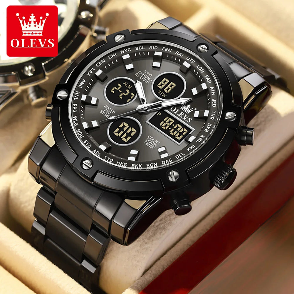 Montre pour homme OLEVS – Montre-bracelet à quartz, étanche, en acier inoxydable, avec affichage LED – Style sportif et tendance (modèle 1106)