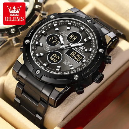 Montre pour homme OLEVS – Montre-bracelet à quartz, étanche, en acier inoxydable, avec affichage LED – Style sportif et tendance (modèle 1106)