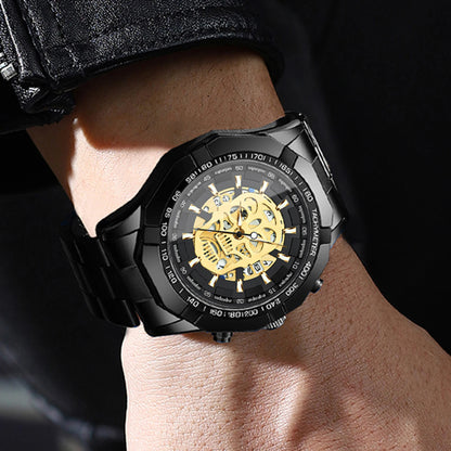 BINBOND-polshorloge voor heren, met skelet-schedelmotief, nauwkeurig quartz-uurwerk, luxueus, verlicht, waterdicht, met automatische datumweergave, robuust.