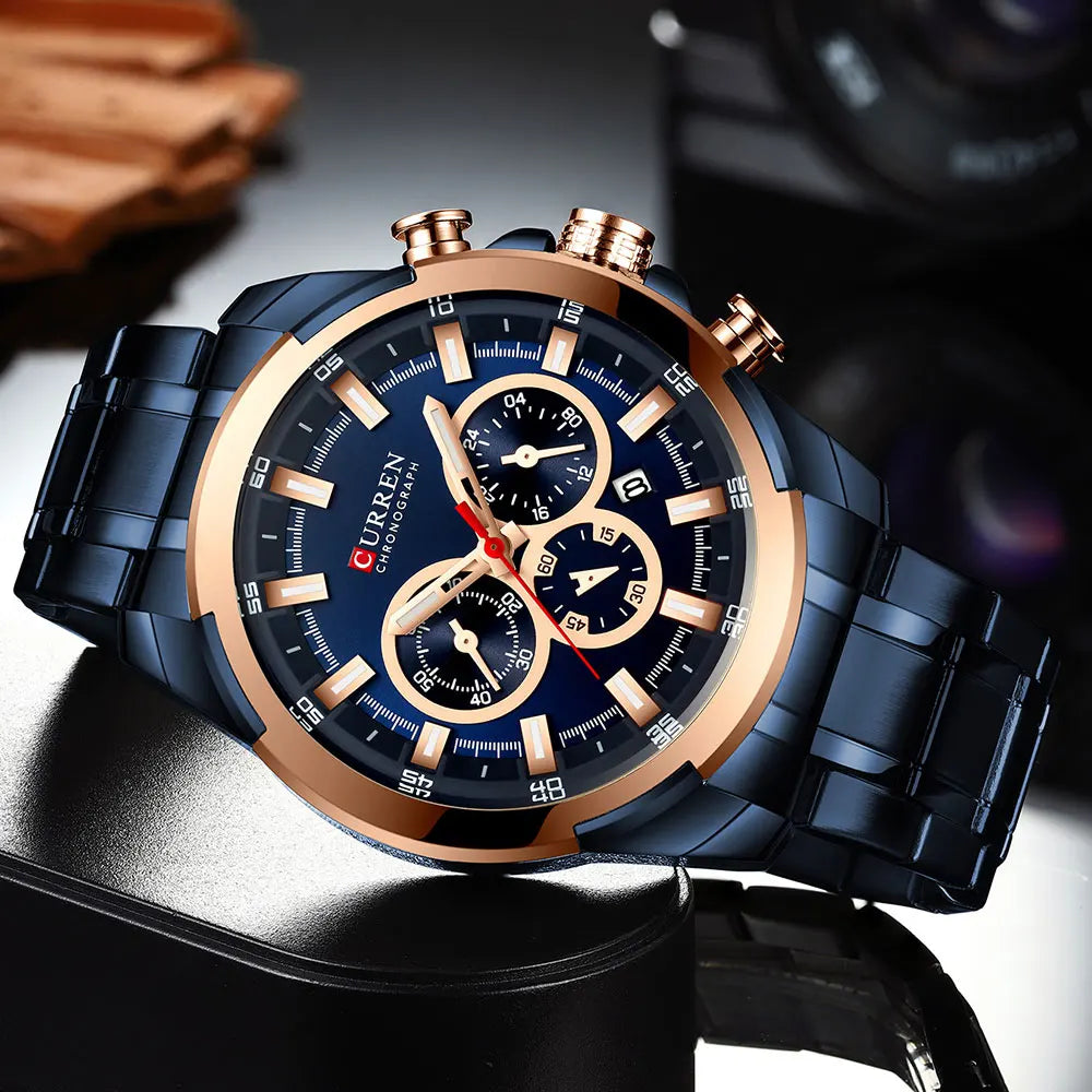 Montre chronographe pour homme CURREN, grand cadran de 48 mm, bracelet en acier inoxydable, trois sous-cadrans, montre-bracelet de sport à quartz, style luxueux