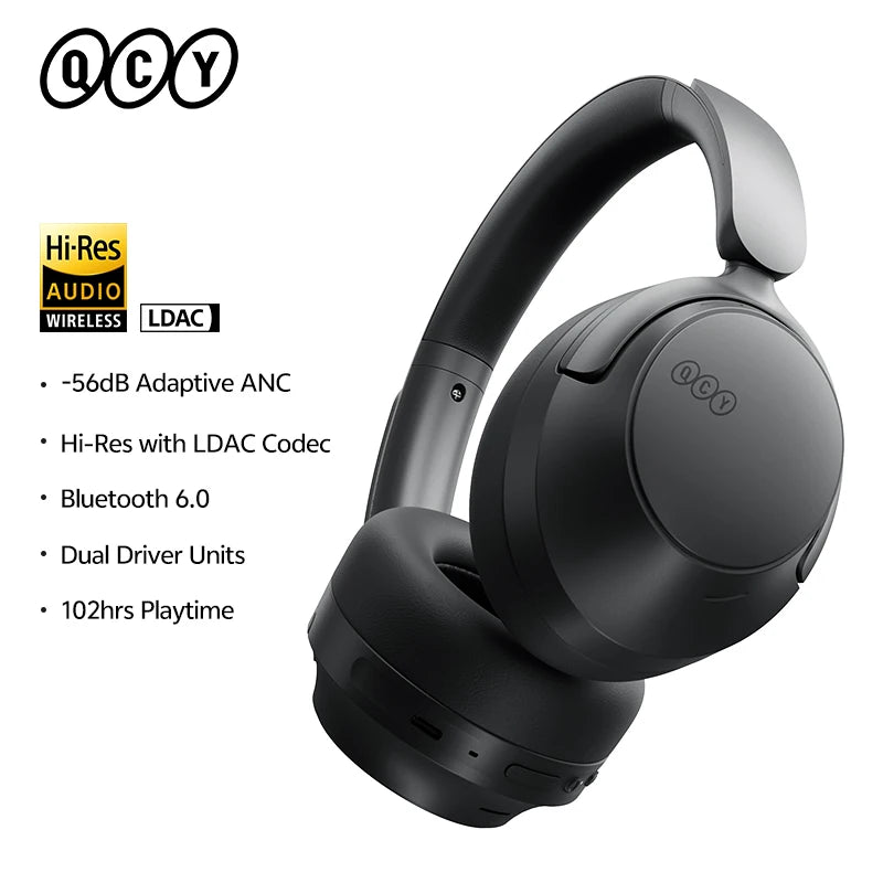 Casque sans fil Bluetooth 6.0 QCY BH25H3SA avec audio spatial 3D, réduction de bruit active adaptative -56 dB, haut-parleur de 53 mm, casque pliable supra-auriculaire