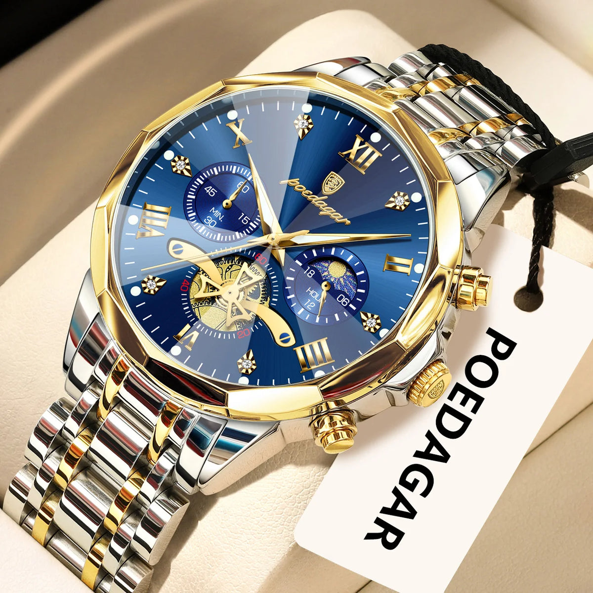 Montre homme POEDAGAR de luxe originale, étanche, chronographe lumineux, montre-bracelet en acier inoxydable à quartz, montres haut de gamme pour hommes