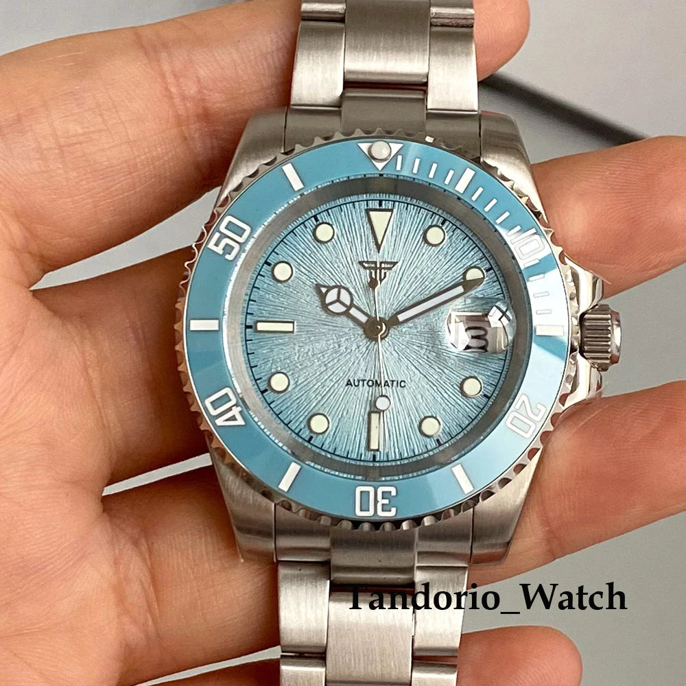 Tandorio 20ATM 40mm Men's Automatic Diver Watch For Miyota 8215 Asia 2824 Sapphire Glass Ice Blue Stainless Steel Jubilee Watch