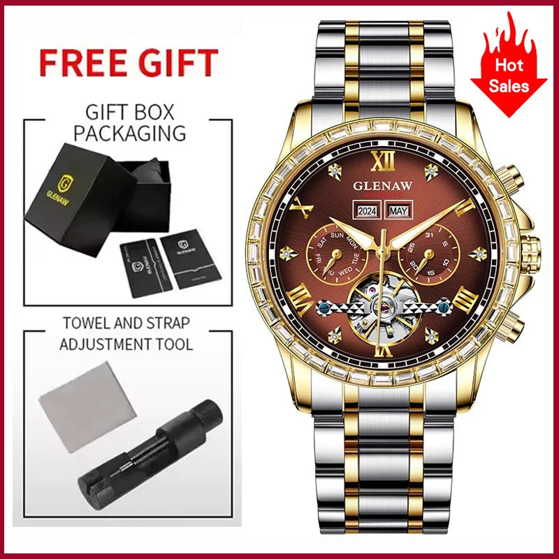 Montre mécanique multifonction GLENAW – Modèle pour homme, style business et décontracté, bracelet en acier inoxydable, étanche, avec calendrier – Montre de luxe