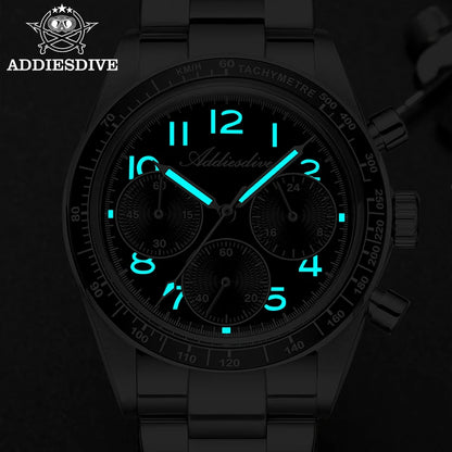 ADDIESDVIE Men Watch Reloj Hombre 10Bar Waterproof AD2517 BGW9 Super Luminous 316L Stainless Steel VK63 Chronograph Quartz Watch