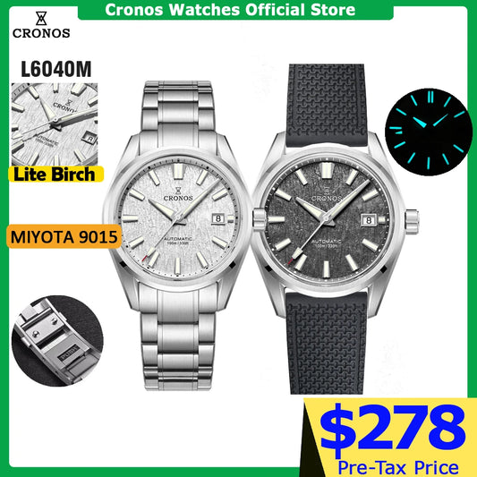 Cronos Men Watch 39mm Automatic Miyota 9015 Movement Wristwatches White Dial Birch Pattern Solid Links Sapphire 10 ATM L6040M