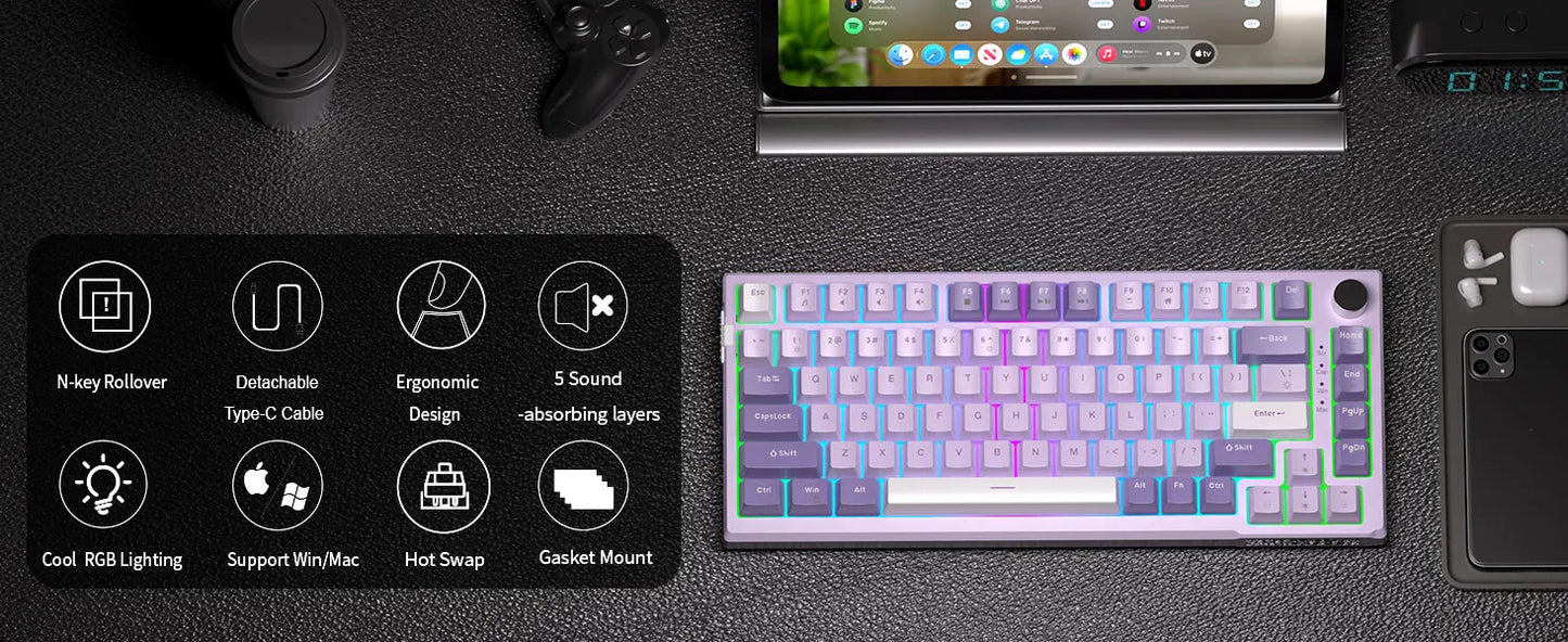 MageGee SKY81 Tastiera meccanica gaming 75%, RGB Gasket hot-swappable cablata personalizzabile, tastiera con suono cremoso e smorzamento acustico con manopola