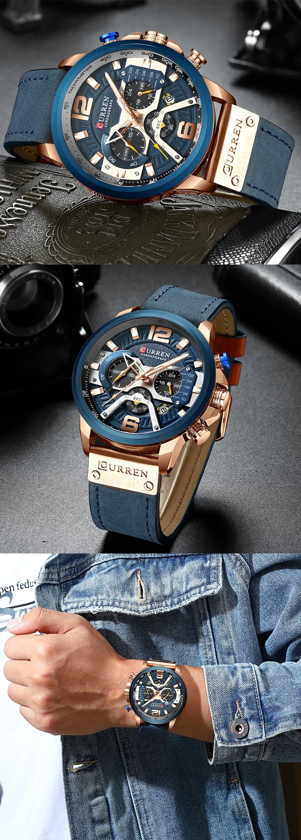 Montre pour homme CURREN 8329 – Style sport décontracté, design militaire, bracelet en cuir, chronographe tendance, montre de luxe de grande marque