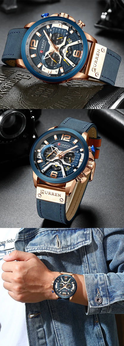 Montre pour homme CURREN 8329 – Style sport décontracté, design militaire, bracelet en cuir, chronographe tendance, montre de luxe de grande marque
