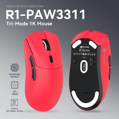 Herní myš ATTACK SHARK R1 Tri-mode, senzor PixArt PAW3311, 18000 DPI, 1000hz, ultralehká 59g pro velkou ruku, pro PC/Mac