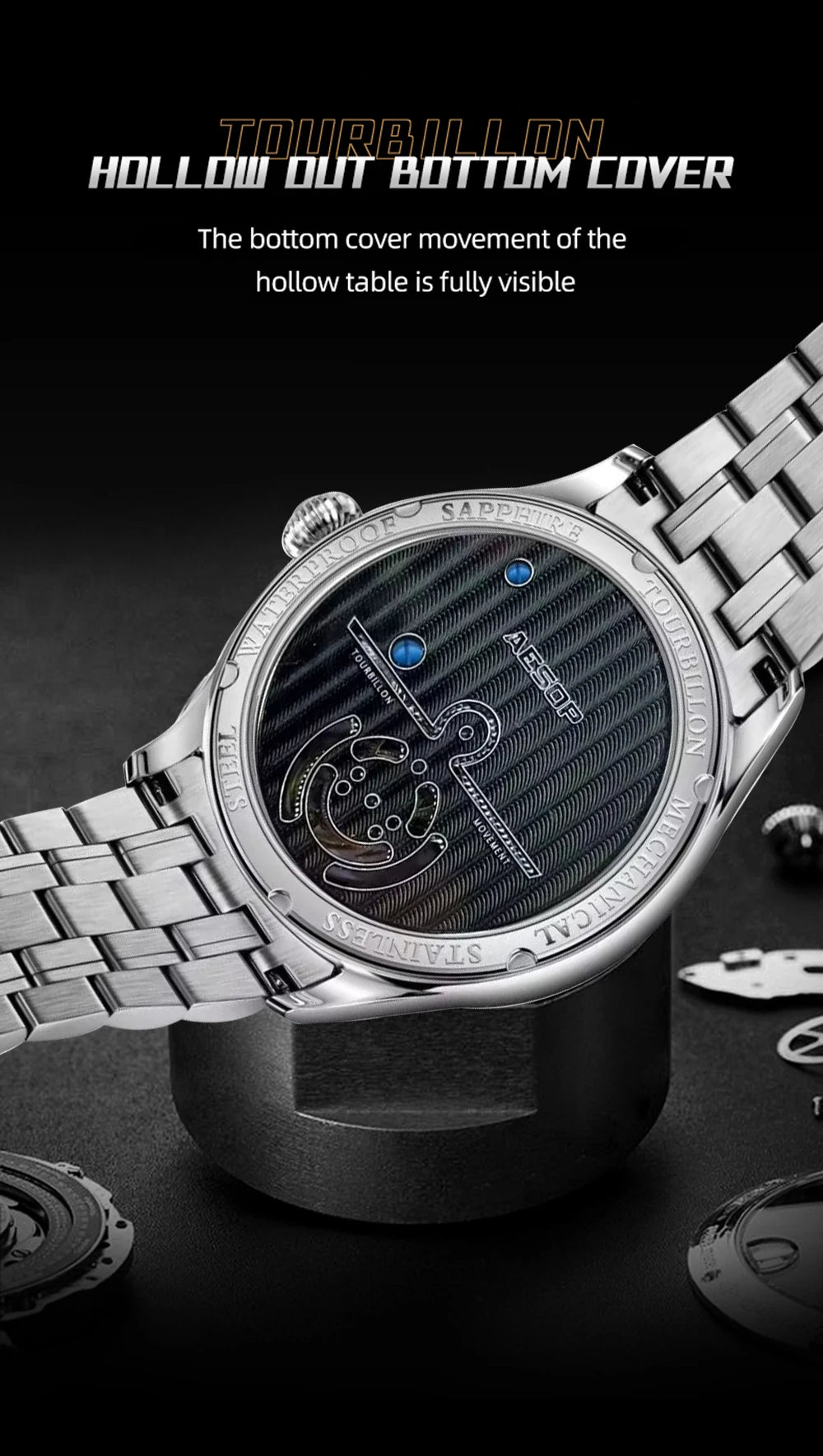 AESOP Mens Mechanical Wristwatches Flying Tourbillon Movement Skeleton Watch for Men Man Luxury Clocks Real Tourbillon Watch