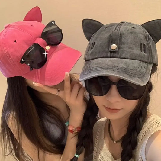 New Cat Ears Sunglasses Baseball Cap Y2K Cotton Washed Pilot Snapback Caps Gorras Women And Men Outdoor Sunshade Sun Hats Unisex